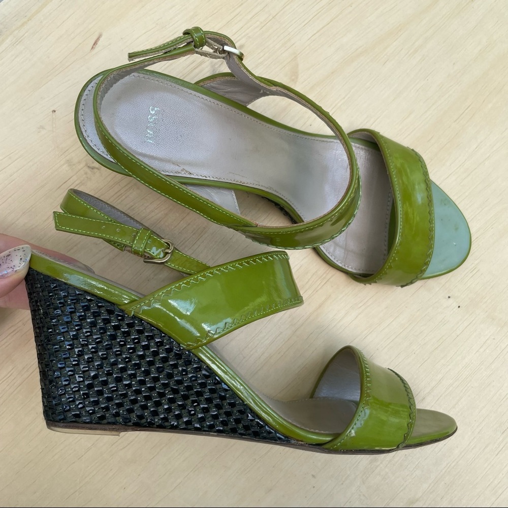 Hugo Boss Green Patent Slingback Woven Wedge Sandals 37